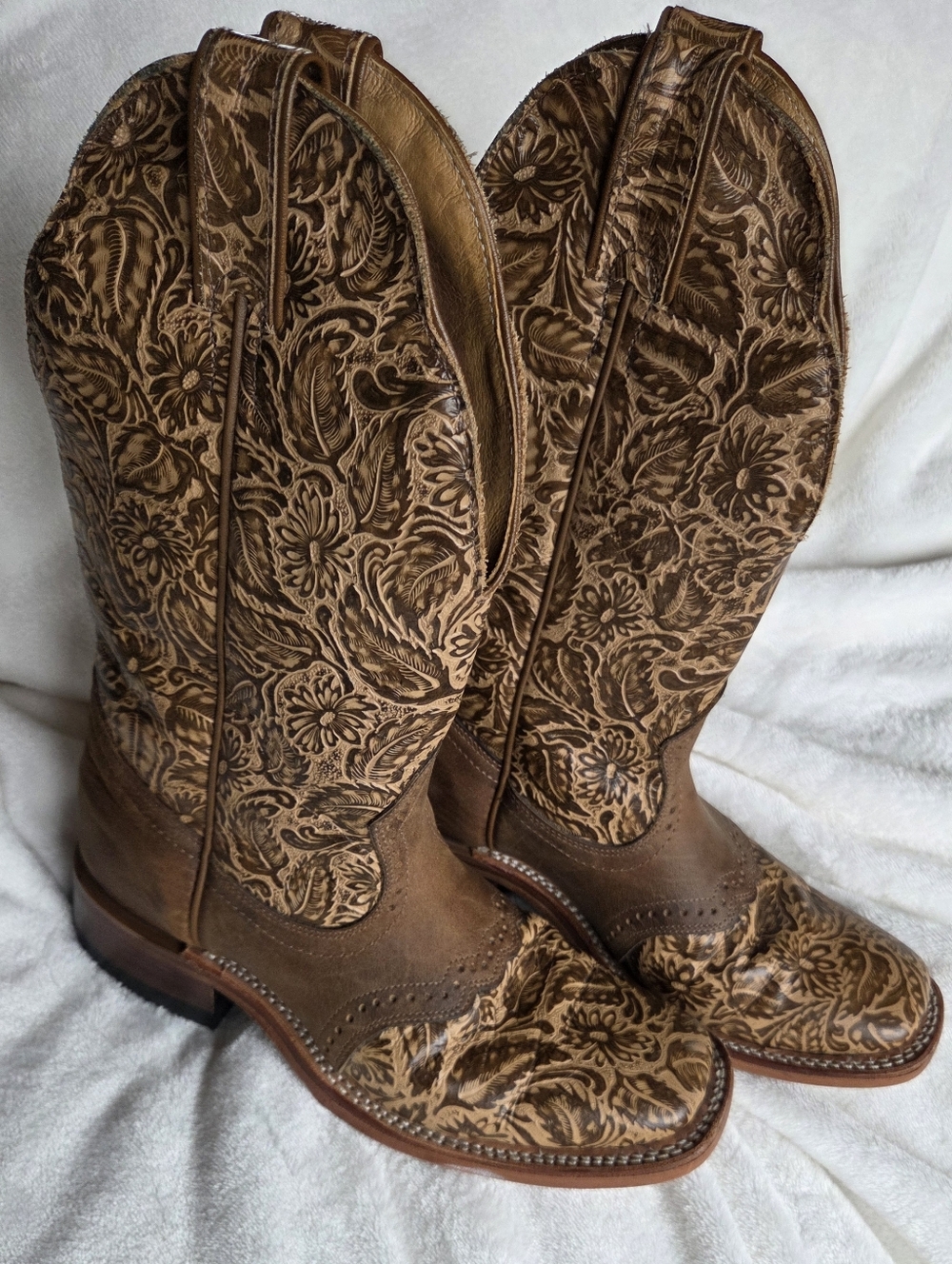 Boulet Tooled Floral Brown Leather Cowboy Boots